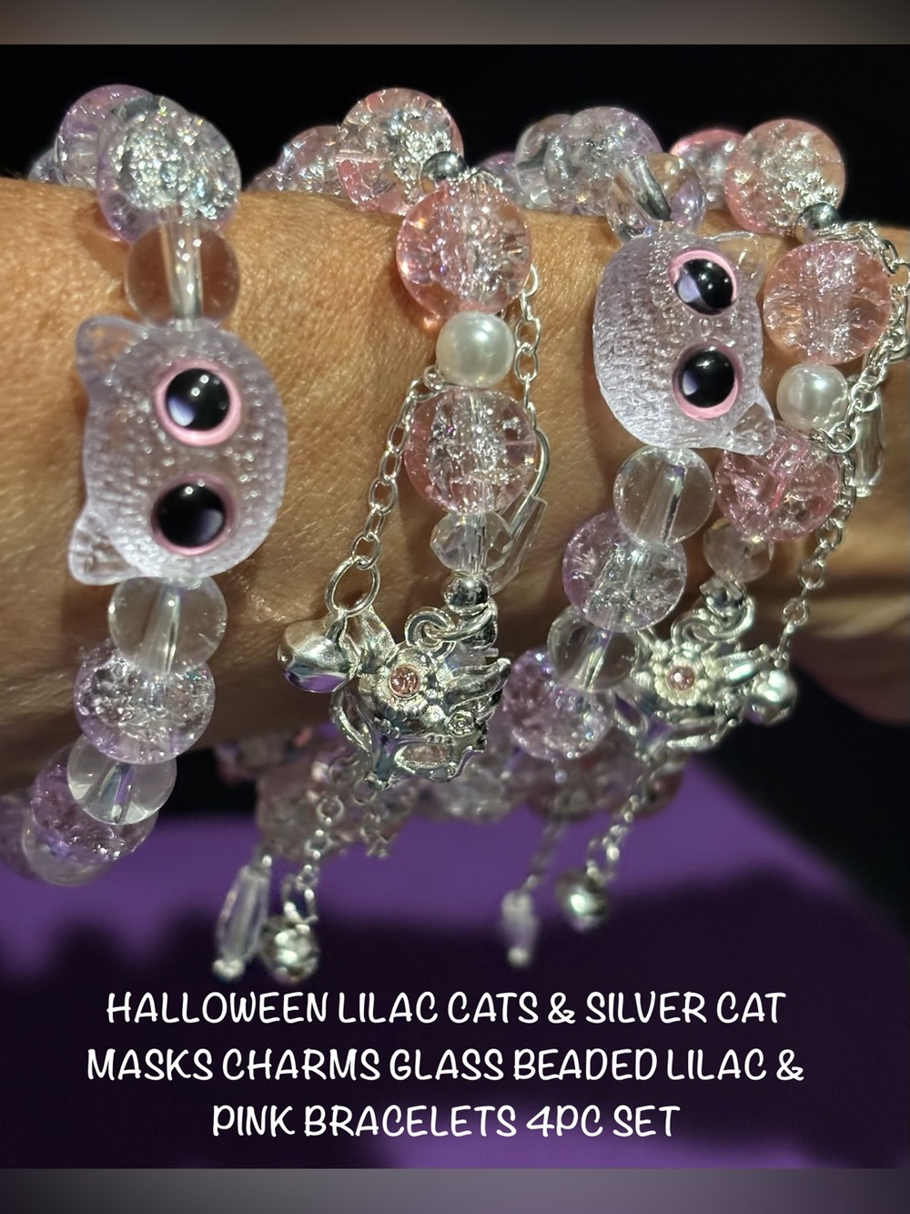 Halloween Lilac & Pink Glass Beaded Cat Mask Charm Cat Accent Bracelet 4pc Set